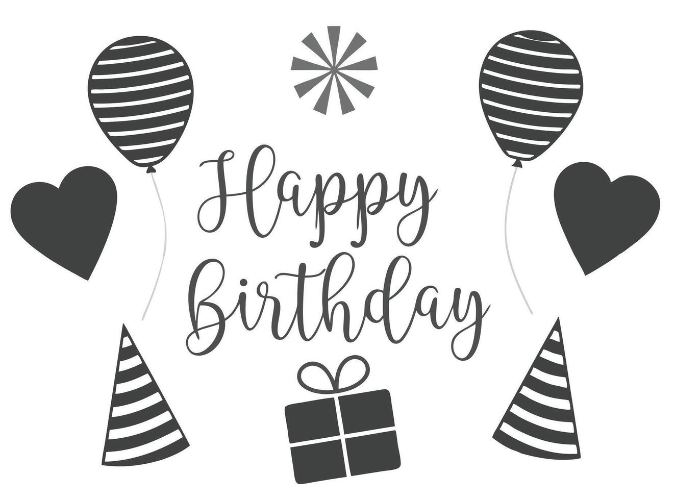 Happy birthday illustration with balloons hearts party hats gift box and star element vector