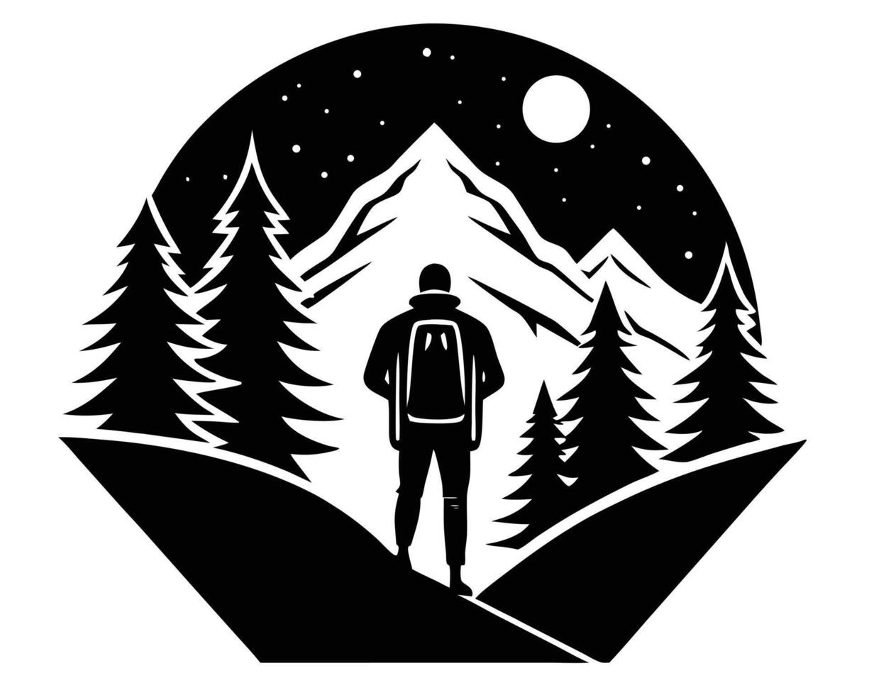 Silhouette of a hiker standing in the mountains under a night sky with moon and stars vector