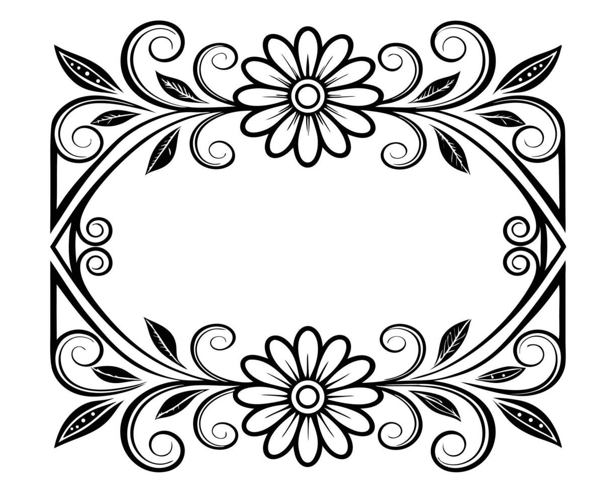 Elegant floral frame design featuring symmetrical flowers leaves and decorative swirls elements vector