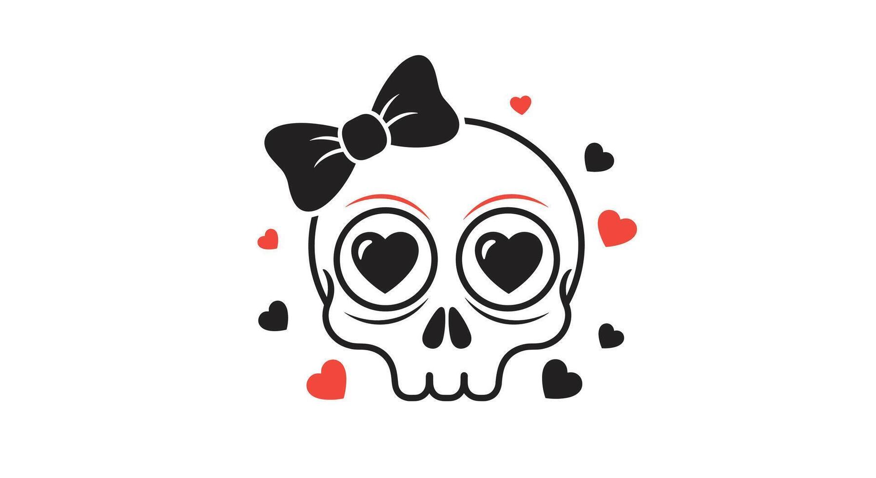 Skull with bow and love hearts illustration for print on demand t-shirts vector