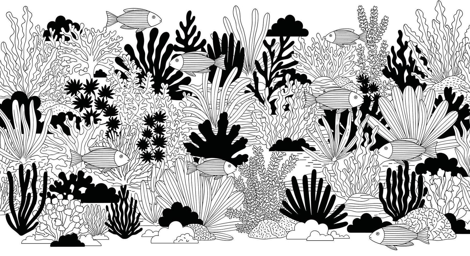 A Diverse Black and White Garden Landscape with Various Plant Species and Textures vector