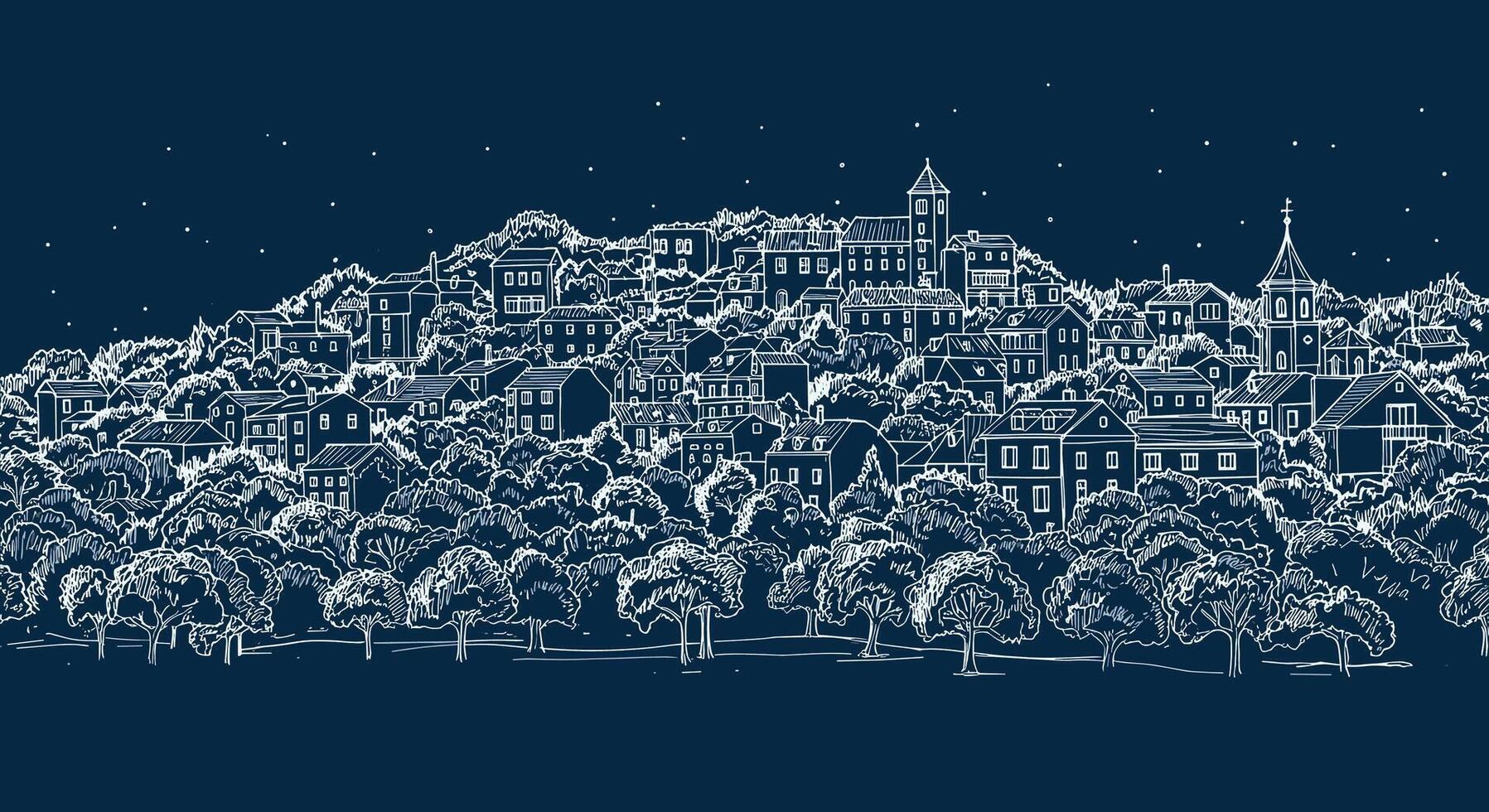 Illuminated Village Under Starry Night Sky an Exquisite Panorama of Dreamy Landscapes vector