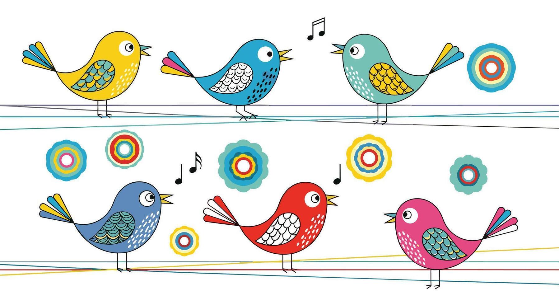 Colorful Birds Singing Together Cute and Charming Illustration with Floral Accents and Musical Notes vector