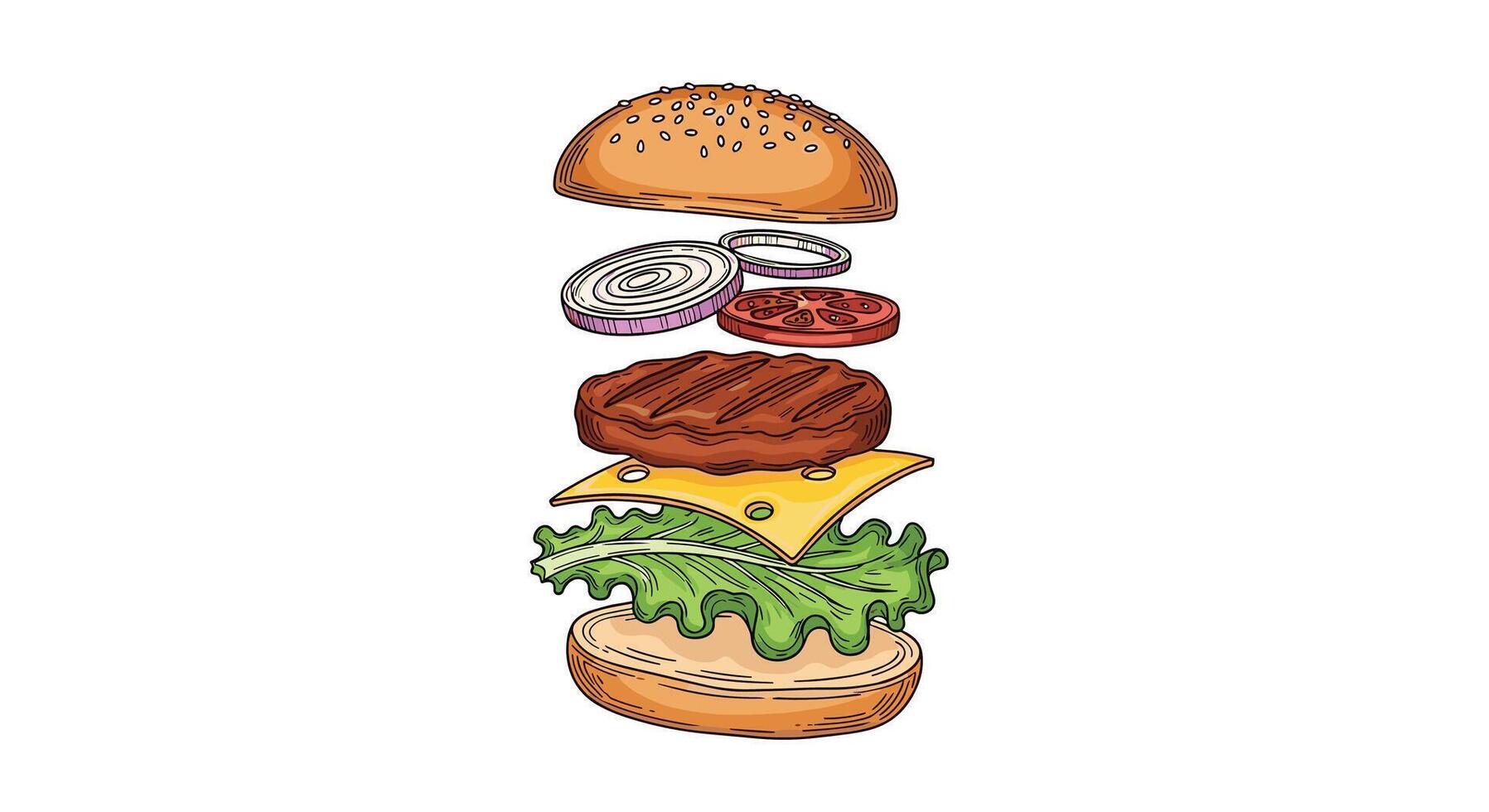 A Delicious Exploded View of a Classic Burger with Fresh Ingredients Layered vector
