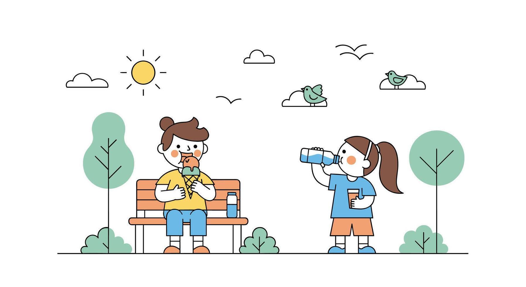 Hydration and Healthful Habits Importance for Active Children Playing Outdoors in a Park vector