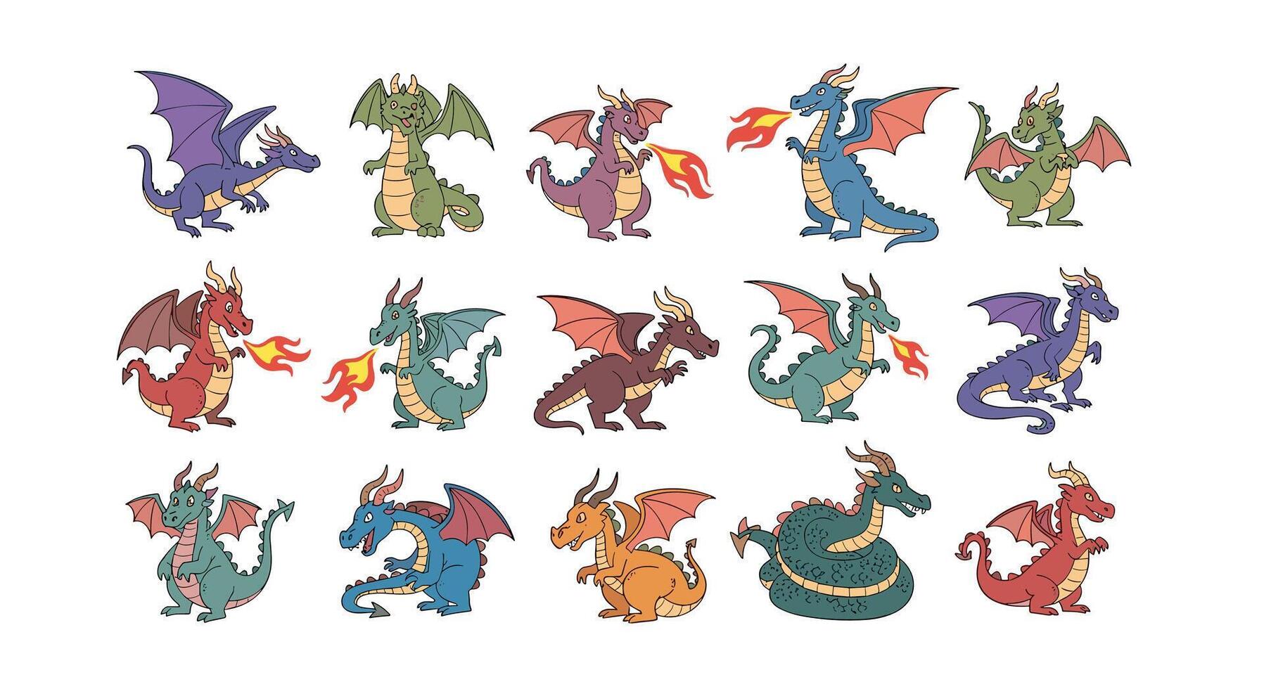 A Pixelated Dragon Collection Displaying Variety of Colors Shapes and Designs with Fire vector