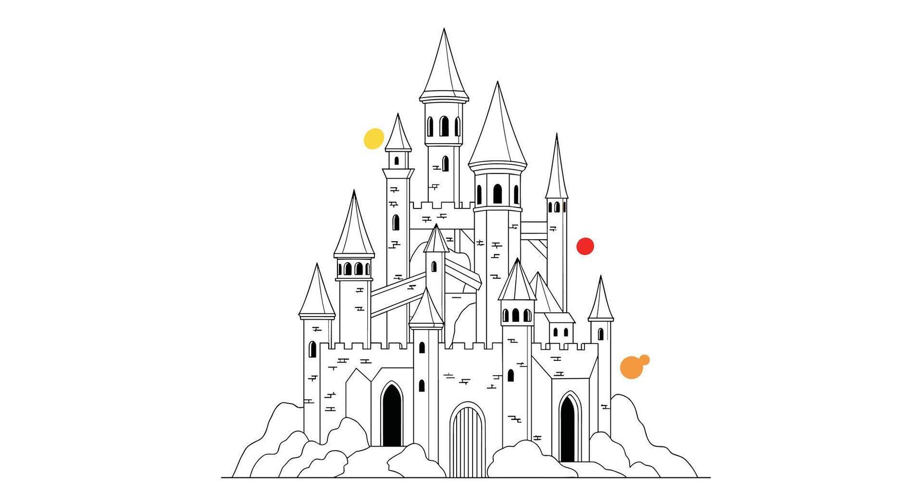 Majestic Fortified Castle Nestled on a Mountainous Terrain with Colorful Floating Orbs vector