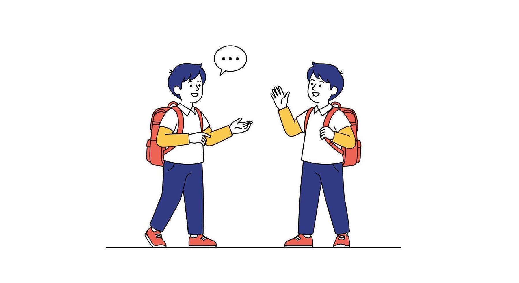 Two Young Students with Backpacks Talking About Technology or Project for School Day vector