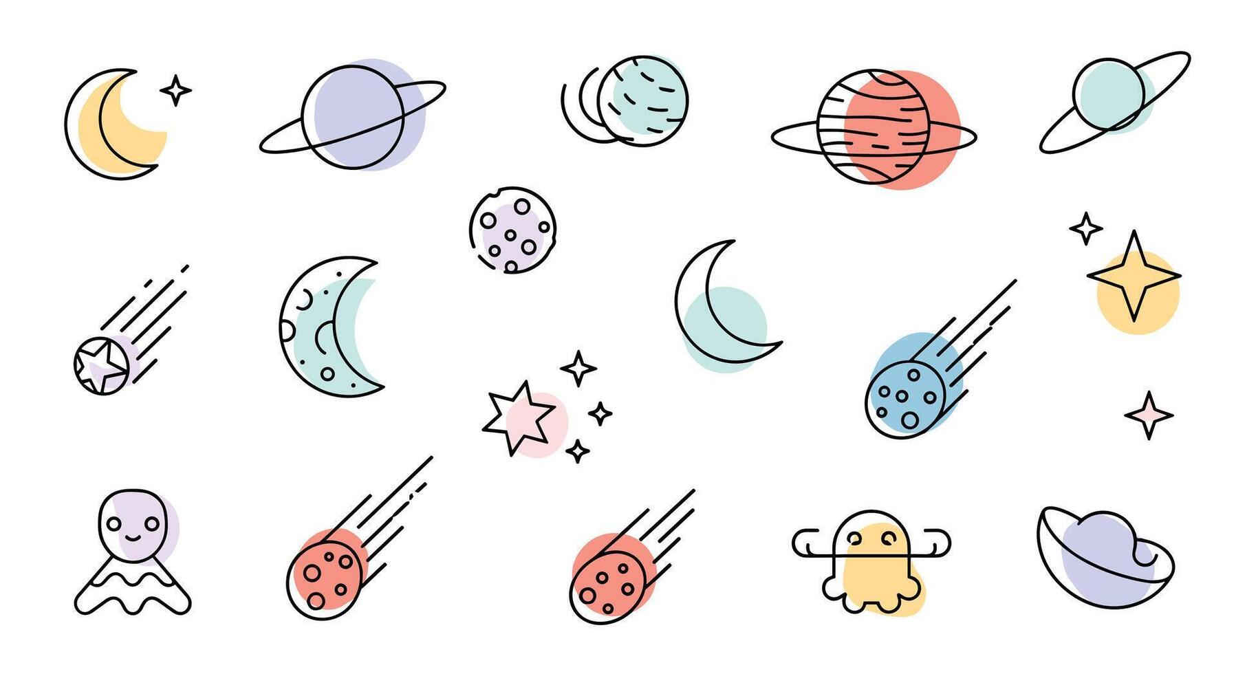 Astronomy Elements Set Hand Drawn Cute Space Objects With Cartoon Illustration Style vector