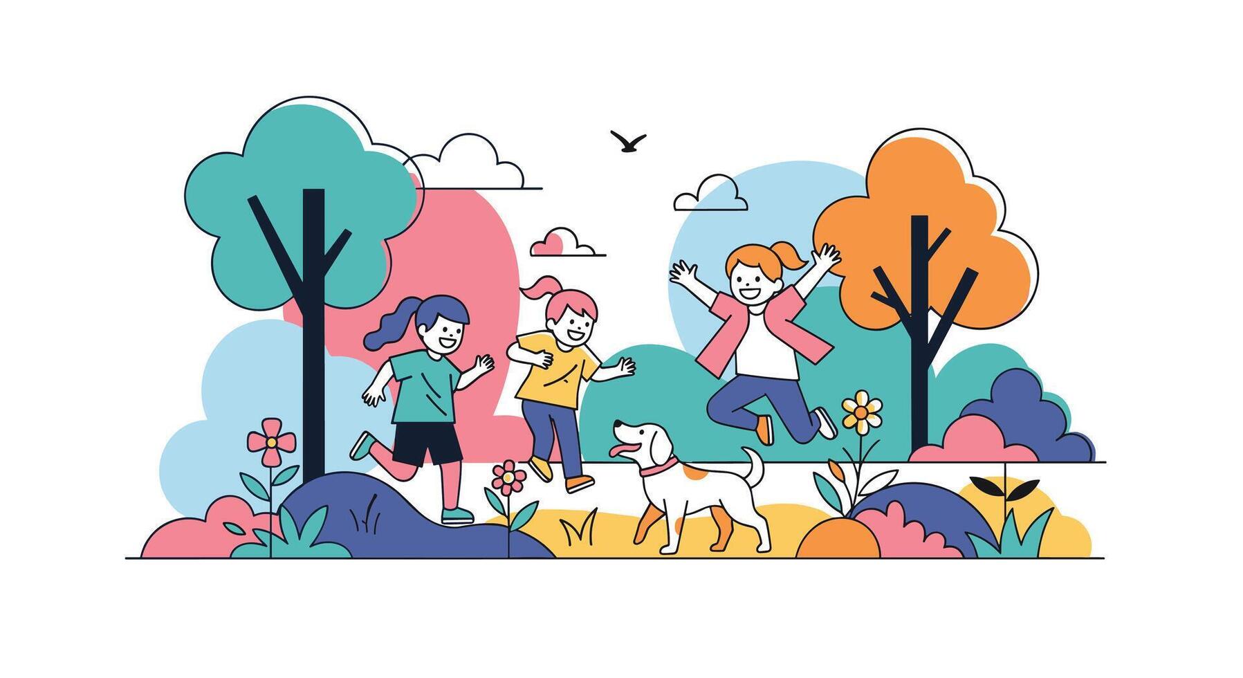 Joyful Day with Friends and Dog in the Park Under the Tree vector