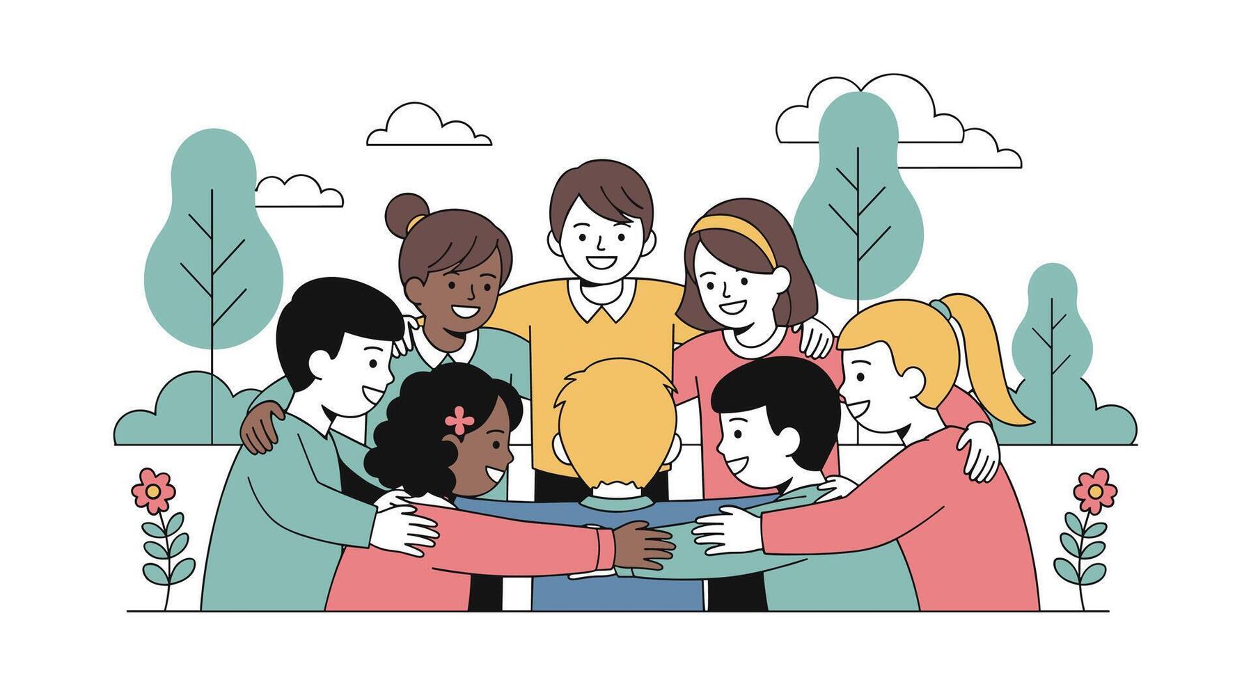 Diverse Group of People United in Friendship and Togetherness Outdoor in Happy Environment vector