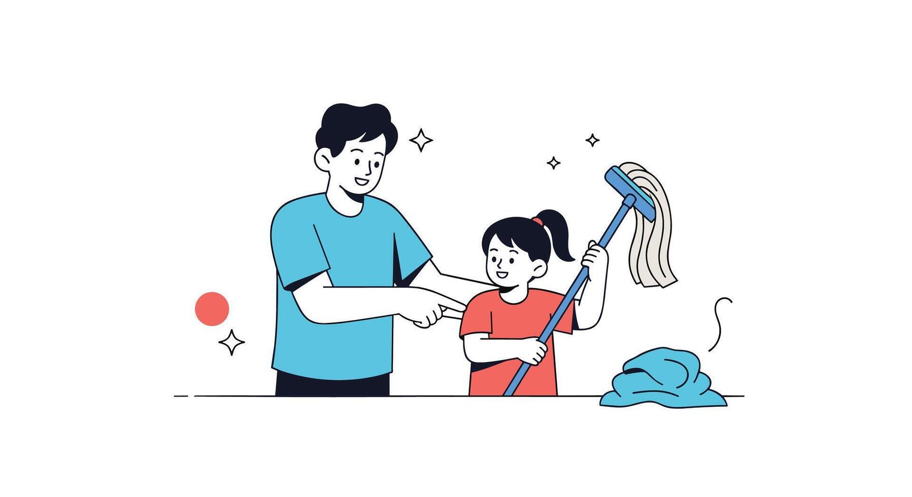 Father Teaching Daughter How To Do Chores Together In the House Keeping Up vector
