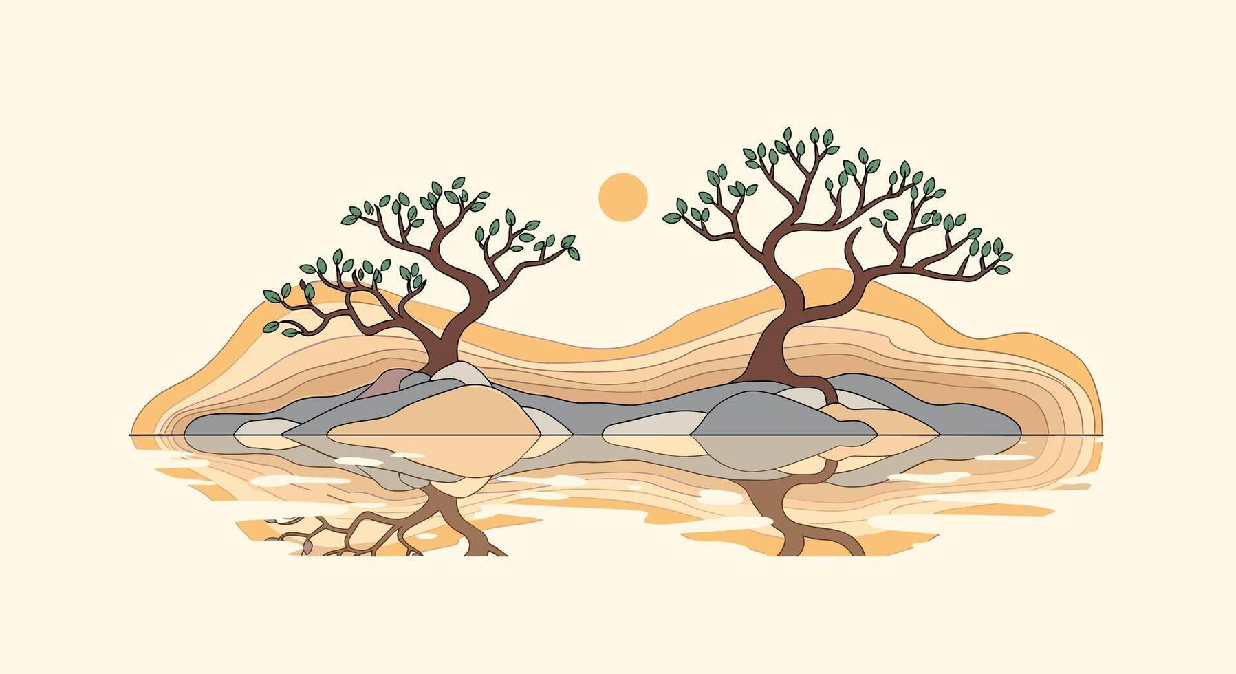 Zen Landscape Reflection a Tranquil Scene of Trees Water and Setting Sun vector
