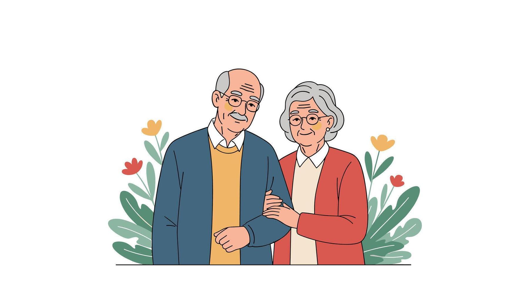 Elderly Couple Embracing Love and Growing Old Together in a Floral Garden Landscape vector