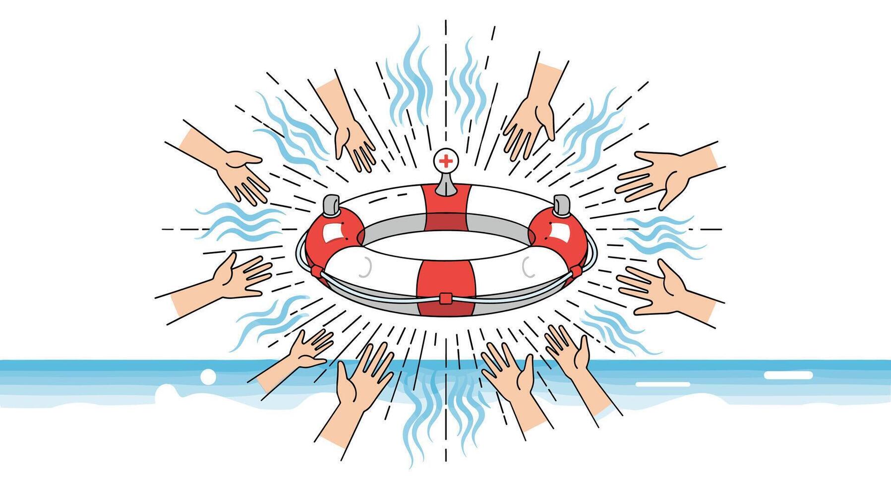 Illustration of Collaborative Support Network with Circle of Hands and Life Saver vector