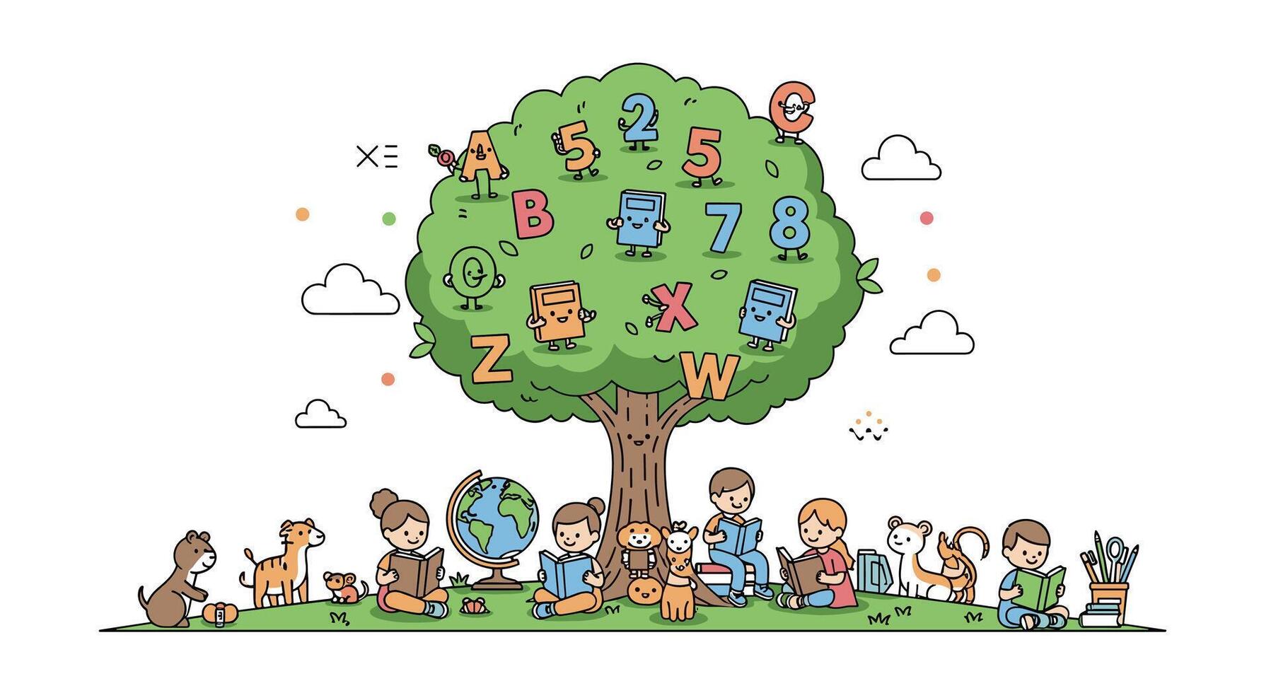 Children's Day An Illustration of Joyful Kids and Animals Beneath a Tree vector