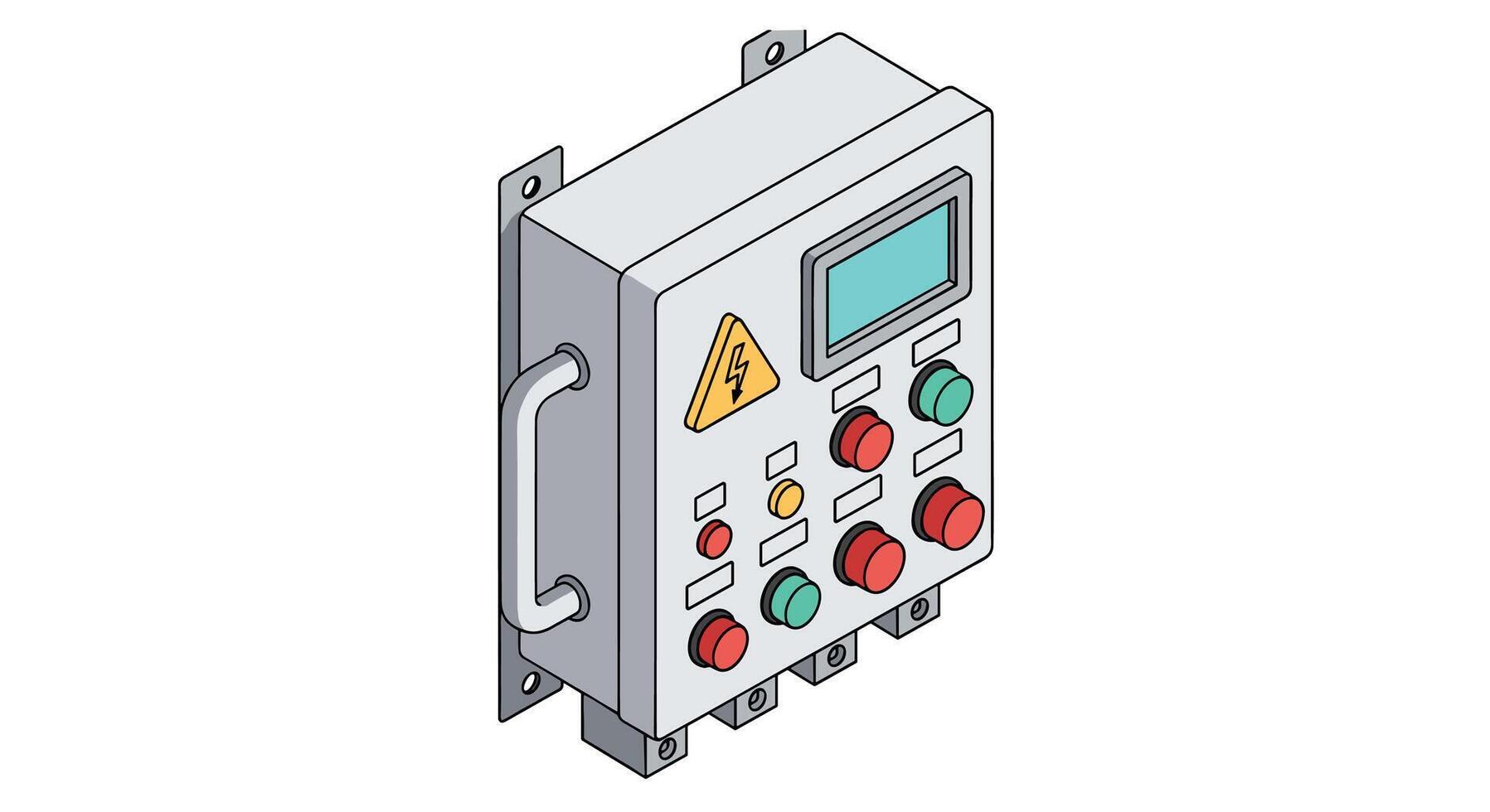 Industrial Control Panel Box with Display Buttons and Hazard Warning Symbol on Wall vector