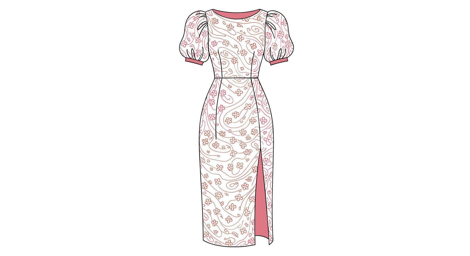 Elegant Floral Maxi Dress with Puff Sleeves and Thigh High Slit Design vector