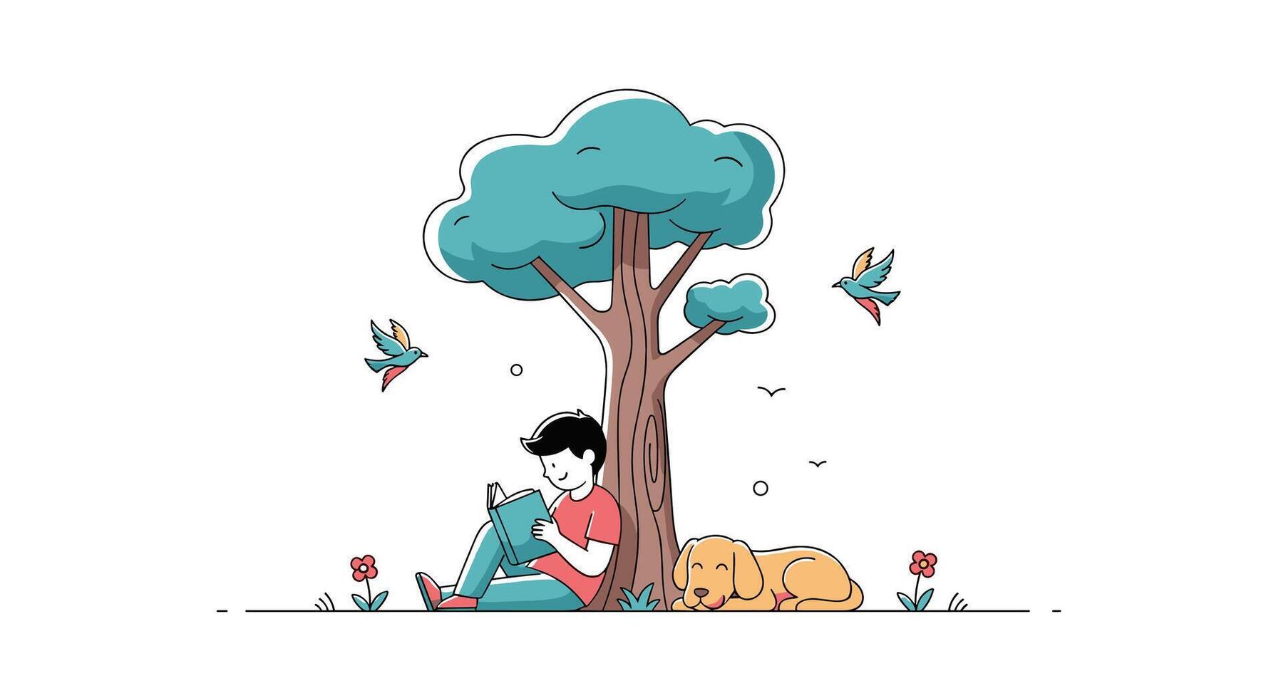 A Peaceful Day Under the Tree A Boy Hugs his Dog with Birds vector