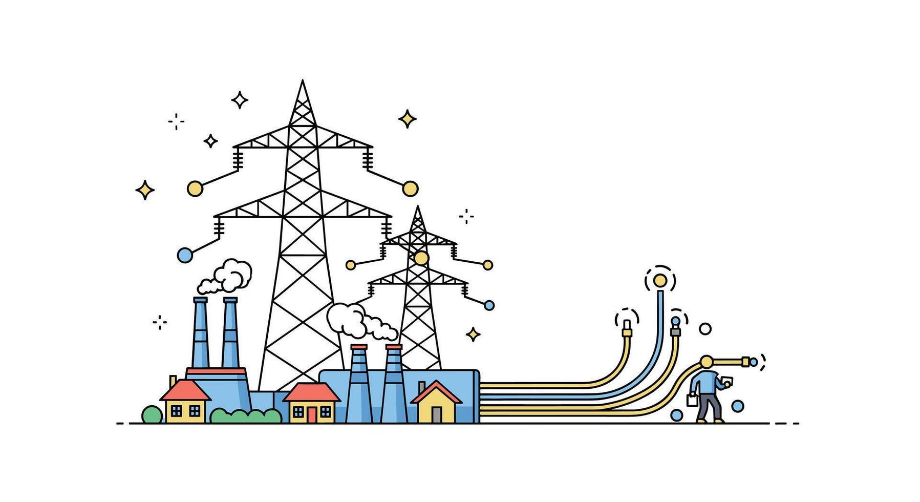 Power Generation and Transmission from Power Plants to Cities with Electrical Grid vector