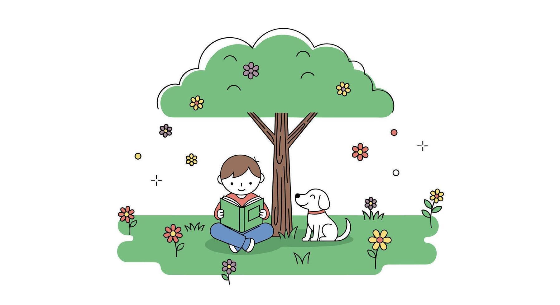 A Boy and His Dog Reading Together Under the Shady Tree Outside vector