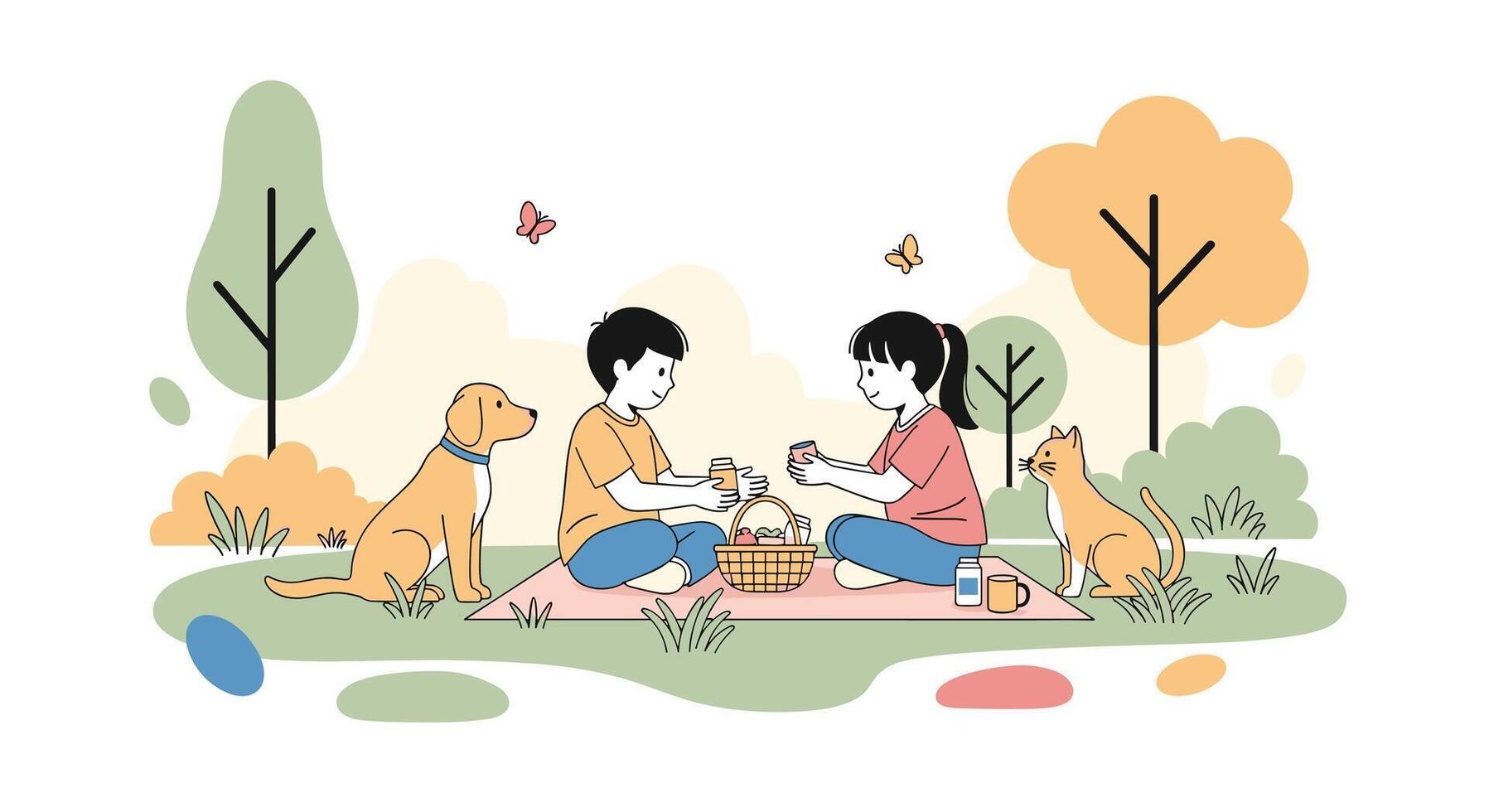 A Joyful Outdoor Gathering Kids and Dogs Enjoying a Picnic on a Blanket vector