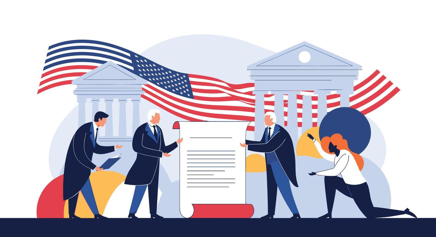 United States Government Legislative Process with Citizens and Federal Buildings and American Flag vector