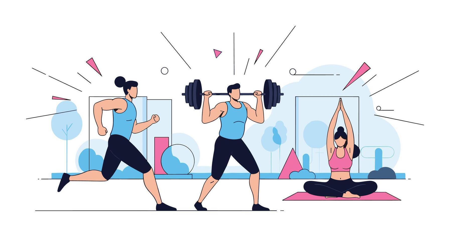 Fitness Activities Running Weightlifting and Yoga for Healthy Lifestyle and Wellness Practices vector