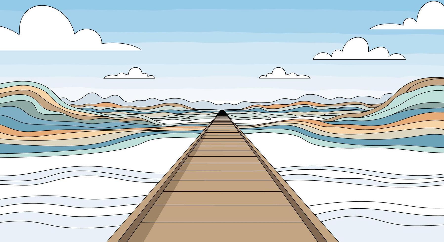 The long road to the water with amazing mountains and white clouds above vector