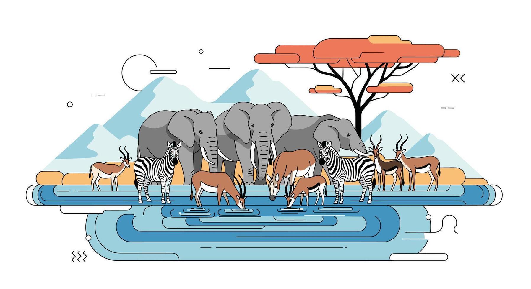 African Wildlife Adventure Elephants Zebras Antelopes by Waterhole on the African Savannah vector