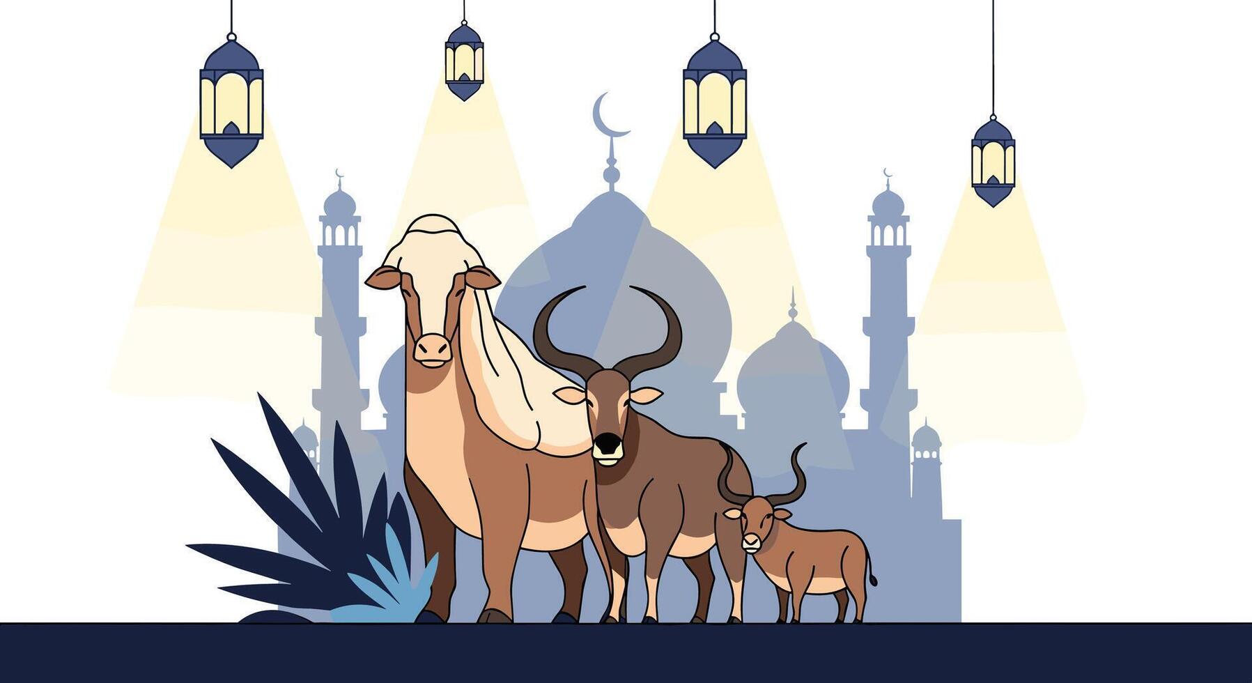 Eid Al-Adha Sacrifice Celebrations with Lanterns and Animals Against a Mosque Background vector