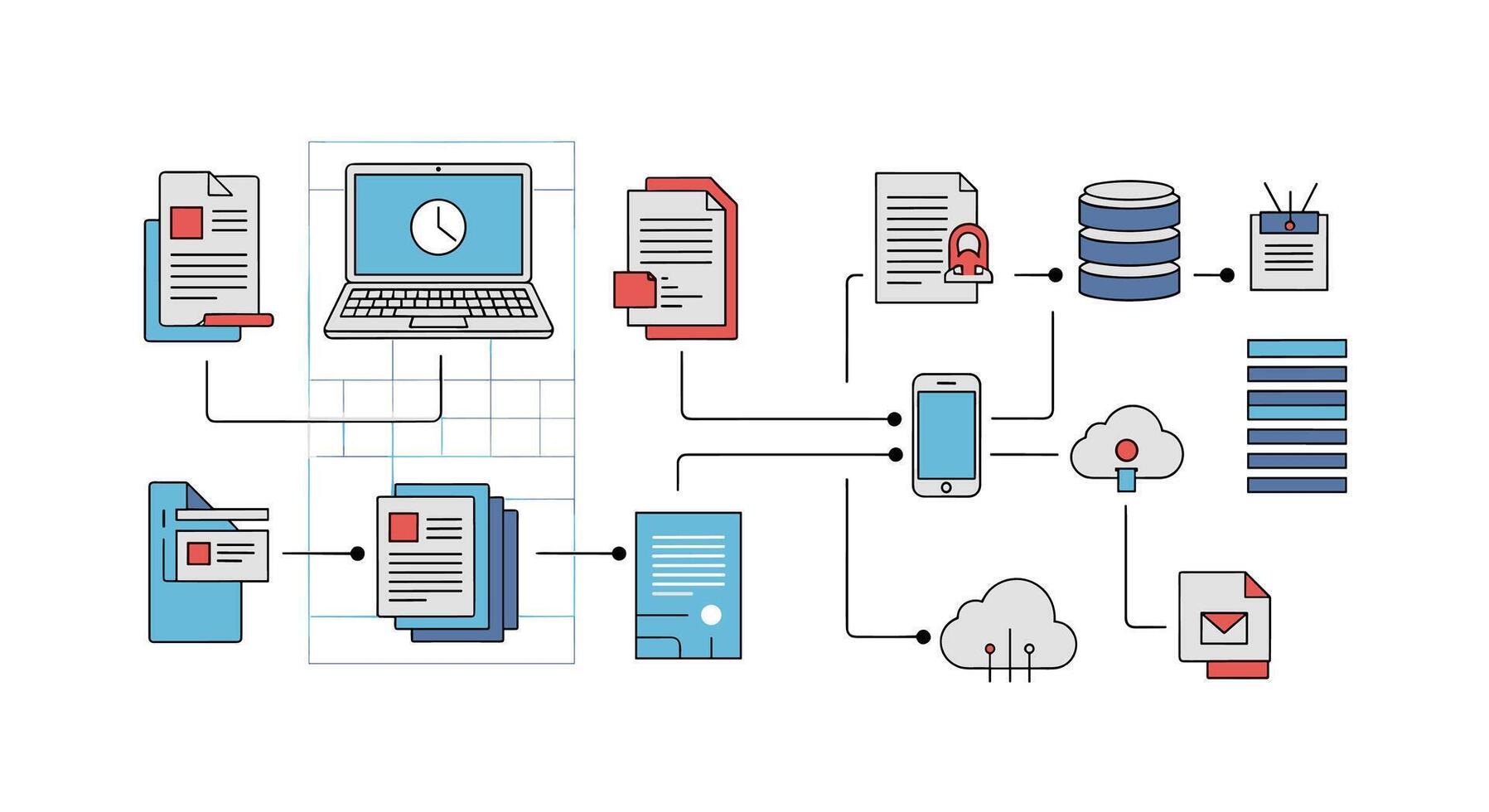 Streamlining Data Flow Automating Processes Optimizing Workflow Ensuring Seamless Operations Boosting Efficiency Achieving Digital Transformation vector
