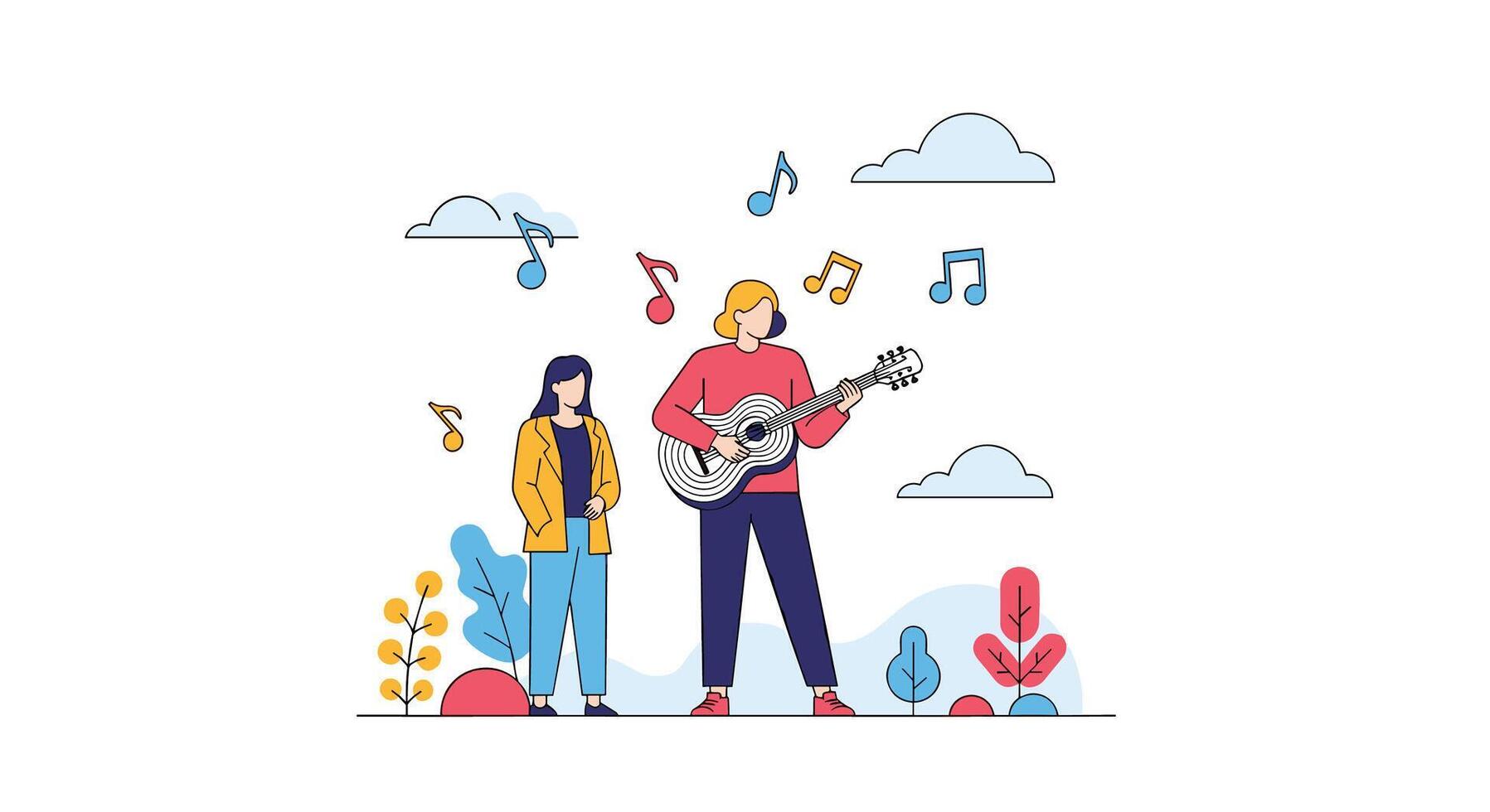Young People Enjoying Music and Guitar Playing Under the Cloudy Blue Sky Outdoors vector