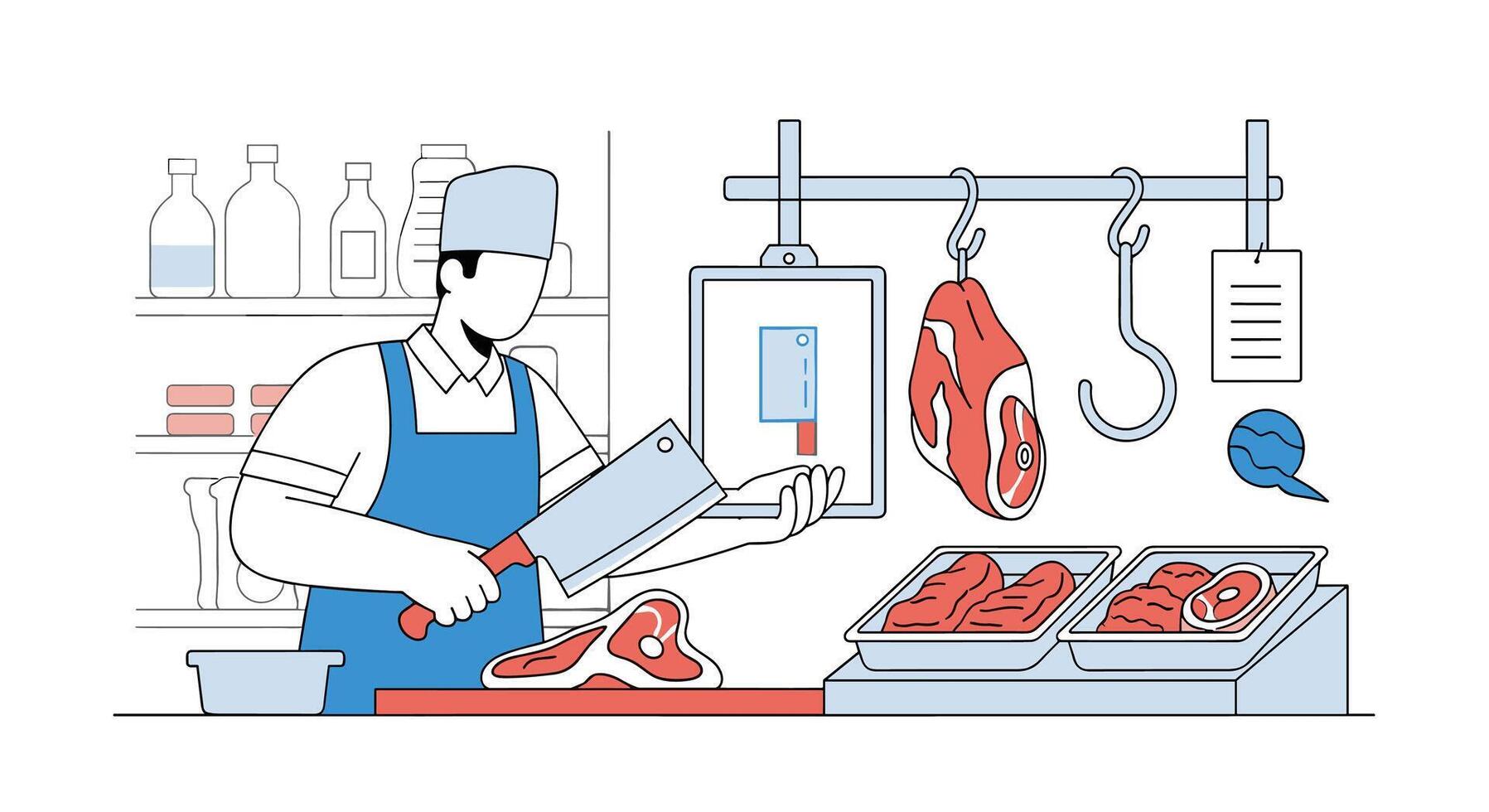 Butcher Shop Illustration A Professional Meat Cutter Preparing and Displaying Fresh Cuts Of Meat vector
