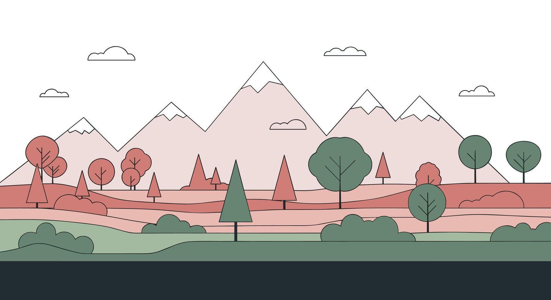 Flat Design Landscape Illustration Background With Mountains Trees And Clouds Moving On Canvas vector