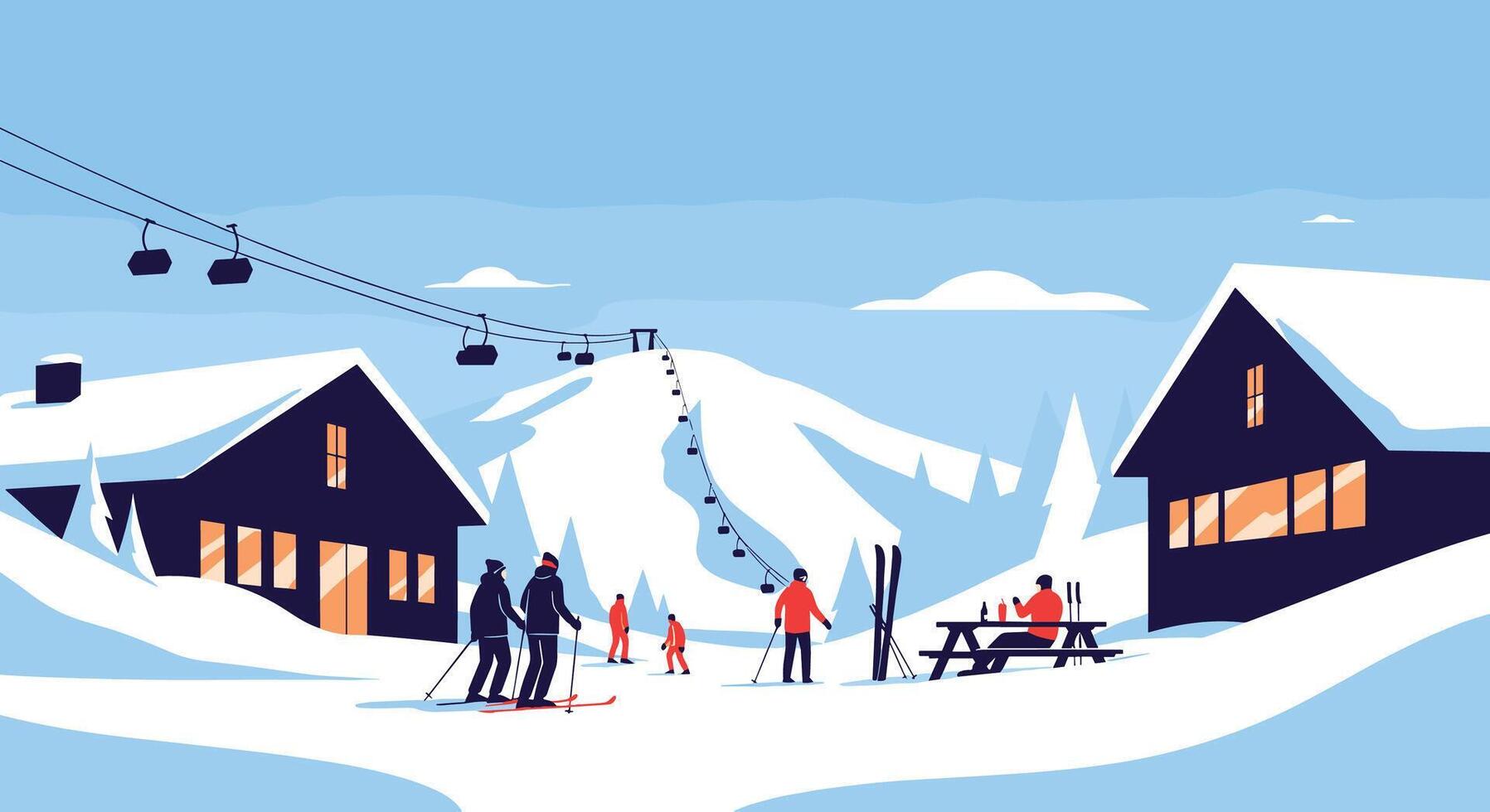 A Winter Wonderland Scene of Skiing and Snowboarding in the Mountains Resorts vector