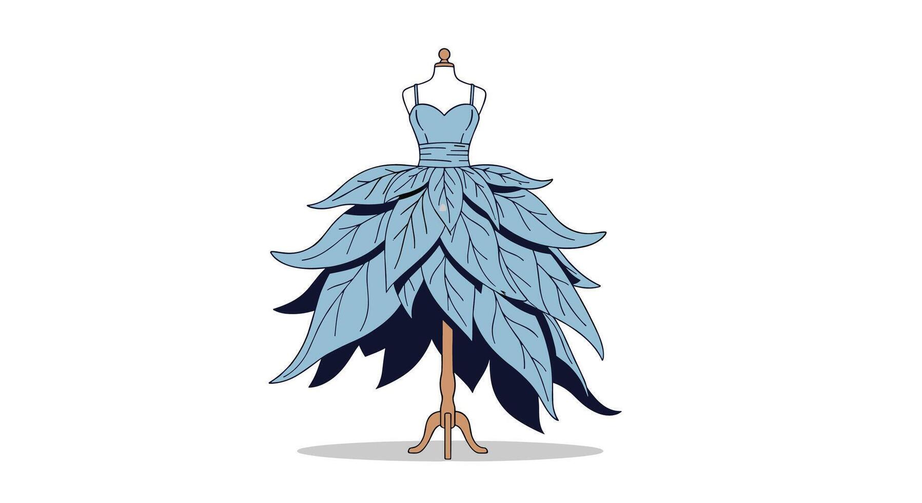 A Beautiful Blue Dress with Leafy Accents Displayed on a Mannequin Stand in Studio vector