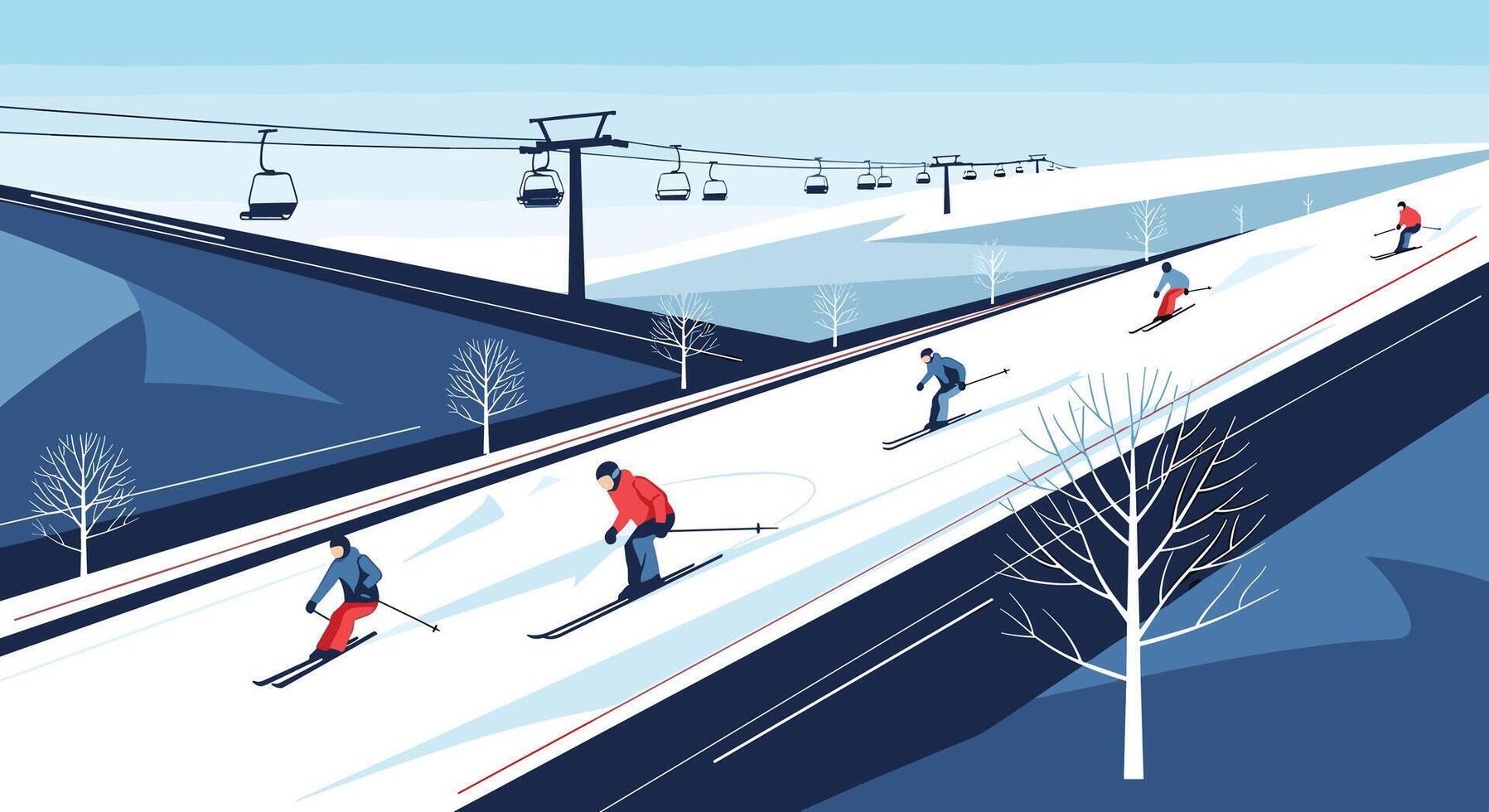 Skiing Down Snowy Mountainsides in Winter Resort with Gondola Lift in the Background vector