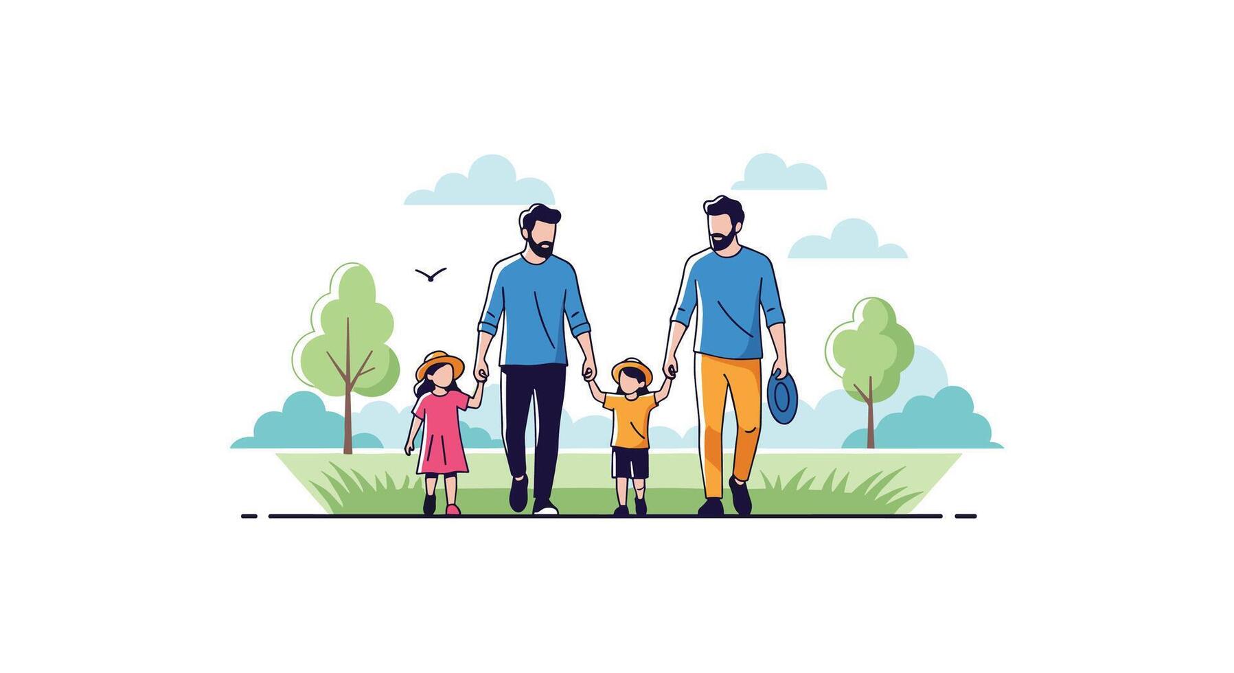 A Gay Couple Walking with Their Two Children in a Park vector