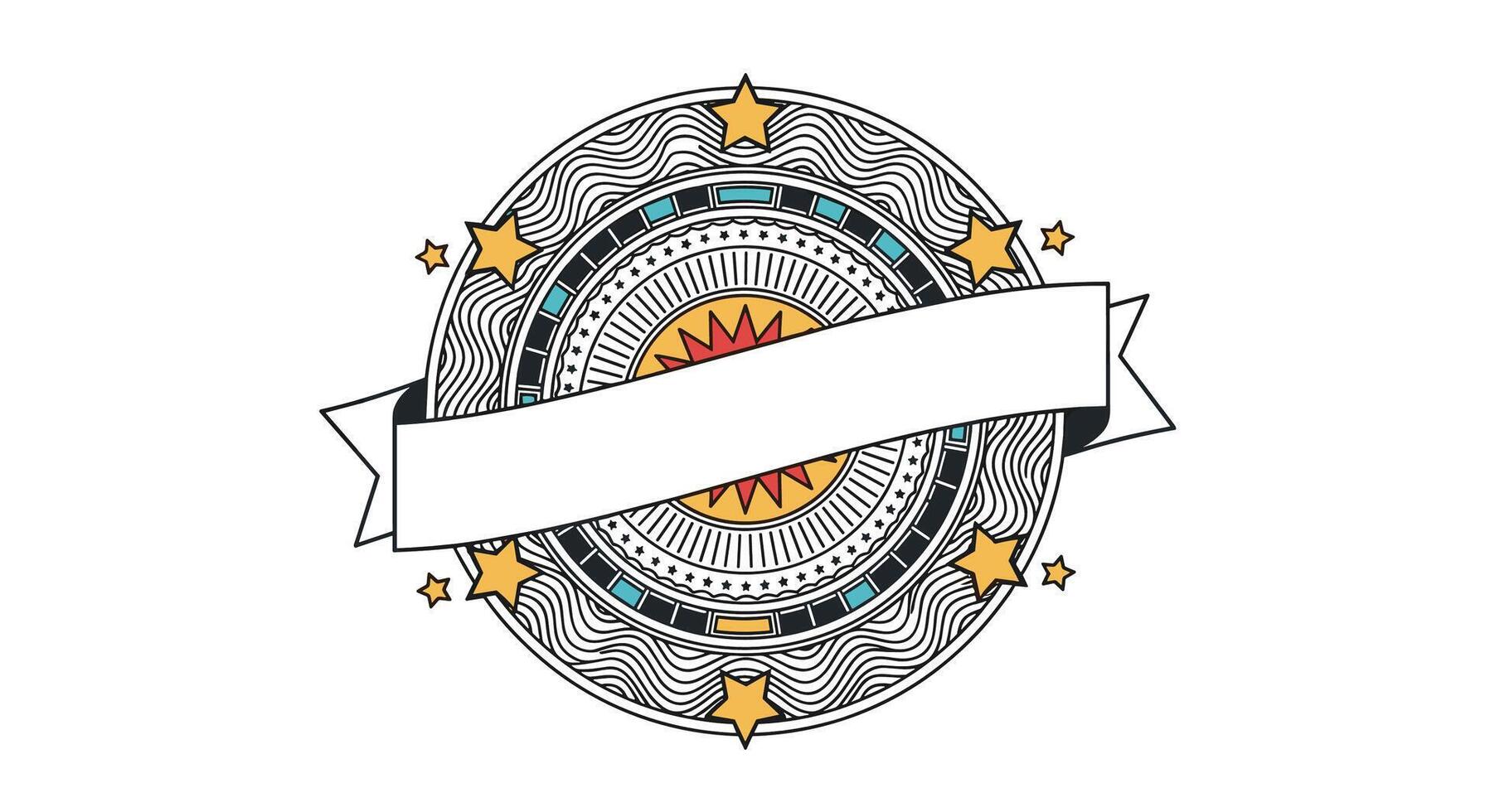 Circular Medallion Style Badge Illustration with Banner and Gold Star Accents for Projects vector
