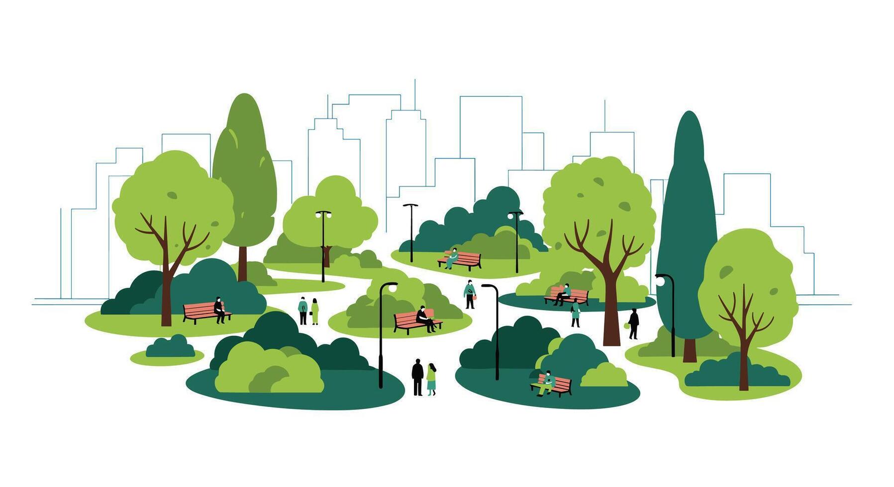 A Serene City Park Landscape with Trees and People Enjoying the Outdoors View vector