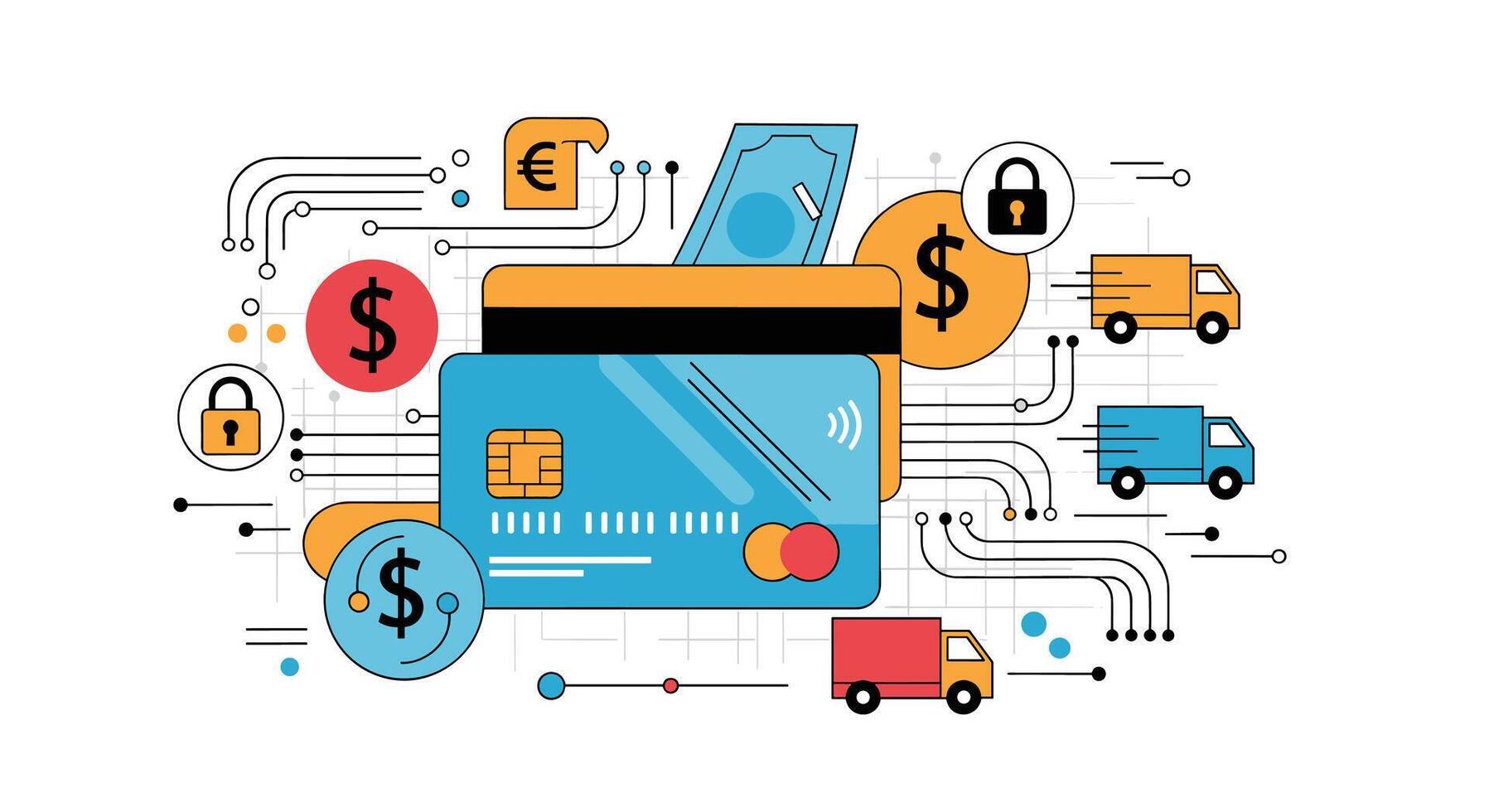 Digital Payment Solutions Secure Transactions Fast Delivery Truck Icon Currency Symbols Credit Card vector