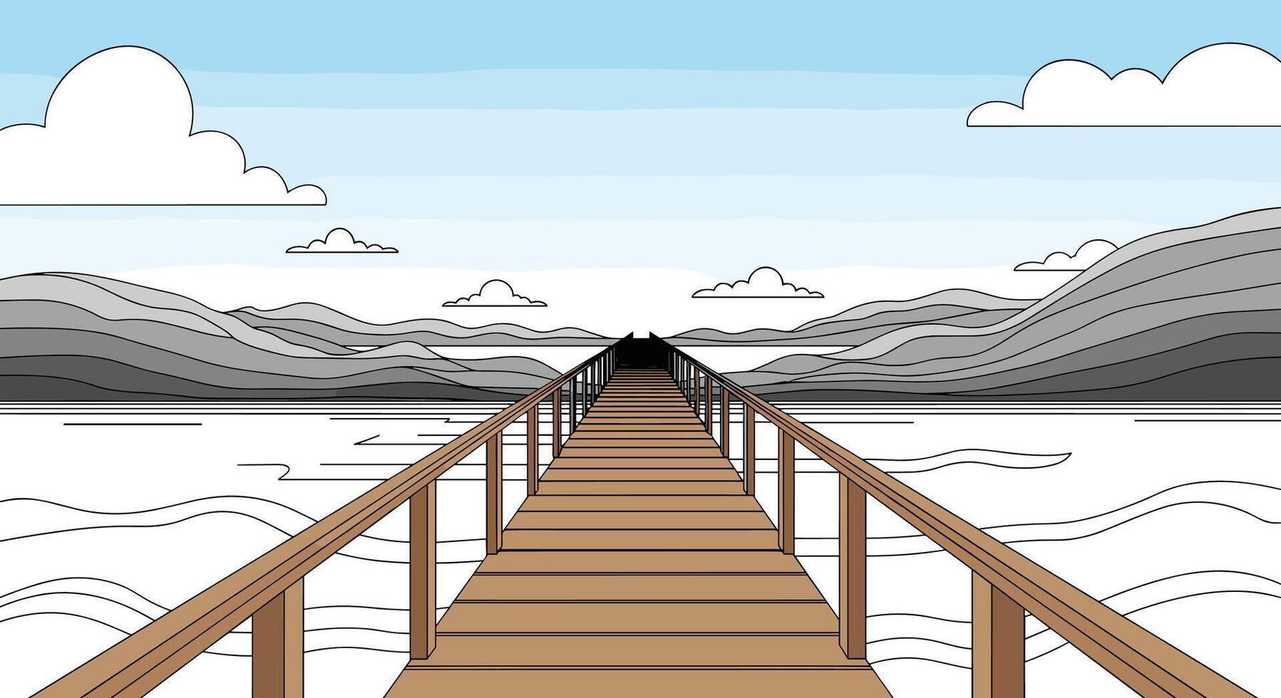 A Path to Serenity A Wooden Dock Extending Towards a Distant Mountain Range vector