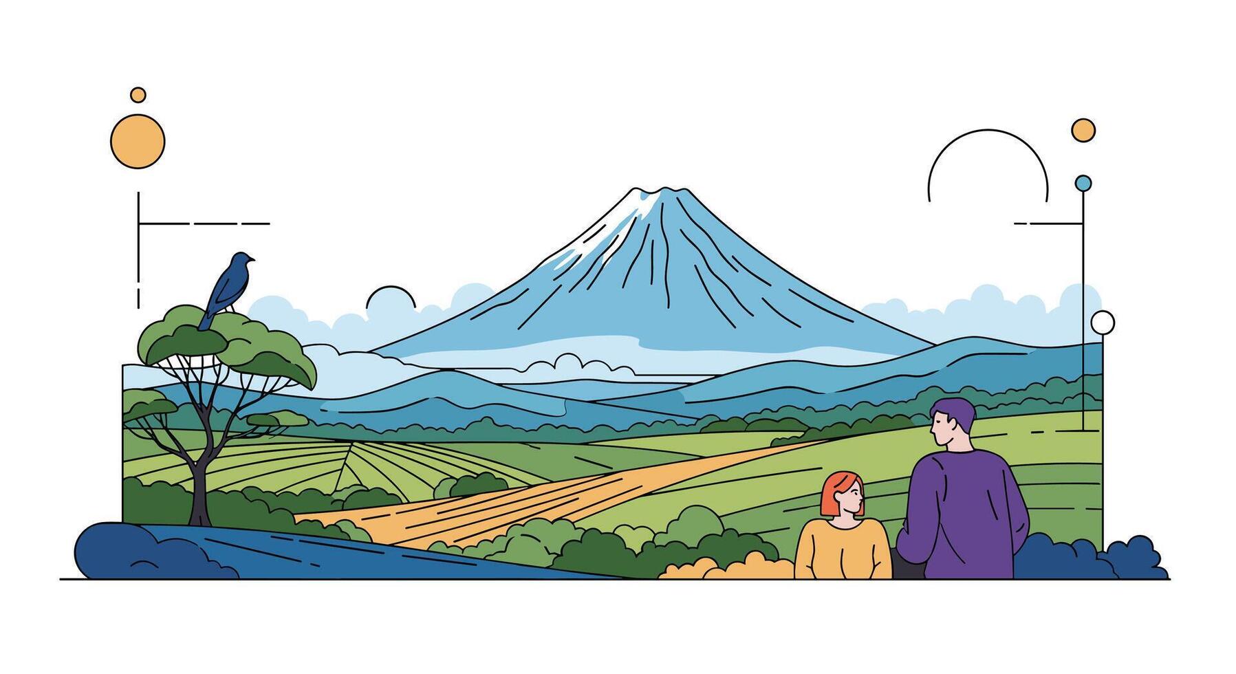 Couple Enjoying Scenic Landscape With Majestic Mountain Views and Verdant Fields and Clear Sky vector