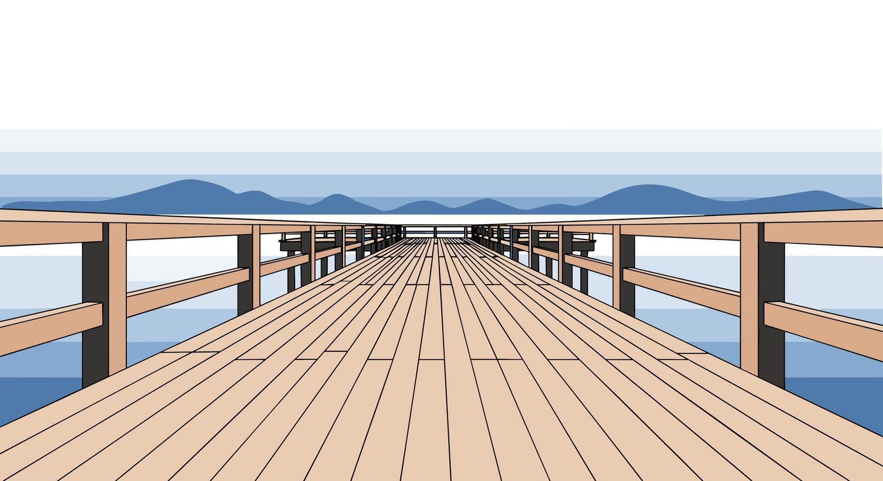 A Peaceful Escape Over the Water Pier Extending to Mountain Blue Horizon View vector