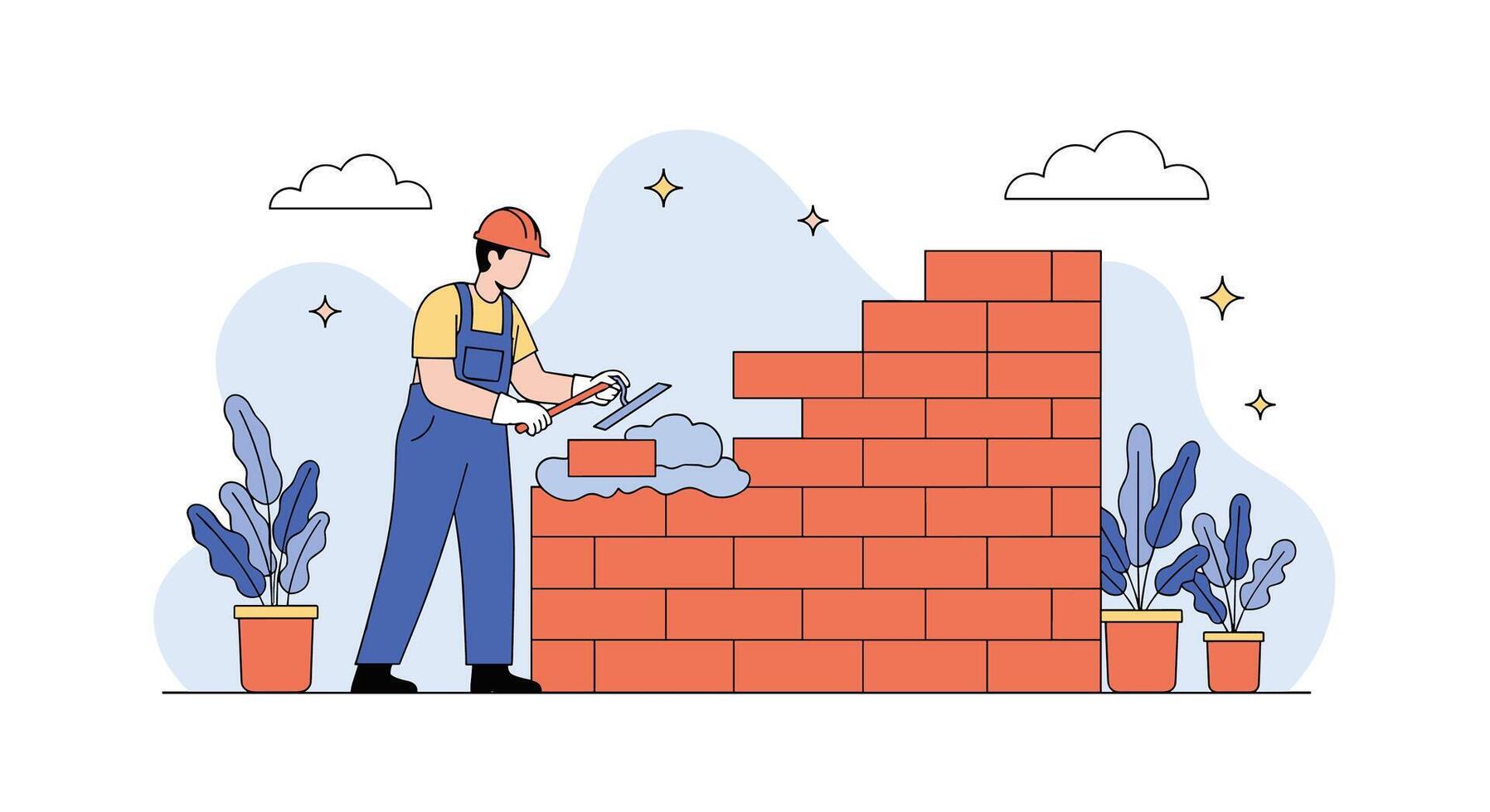 Construction Worker Building a Brick Wall with Cement Illustration Professional and Hard Work vector