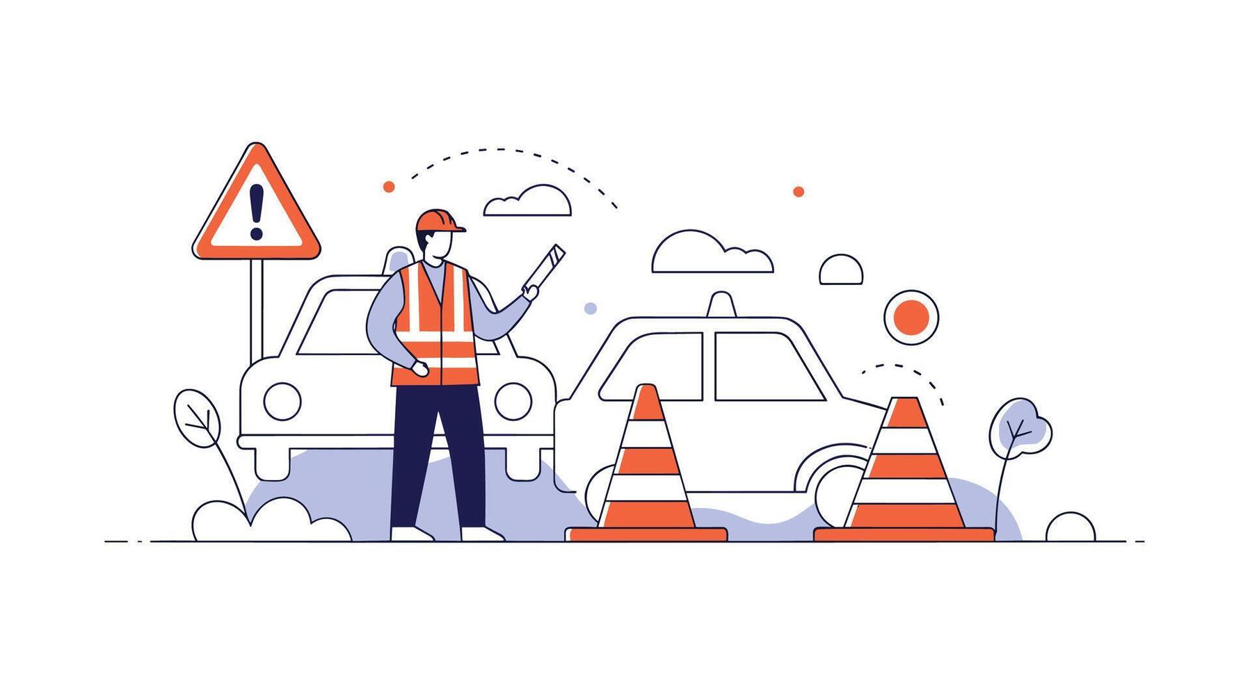 Safety First On the Road Professional Road Worker Managing Traffic Near Highway Vehicles vector