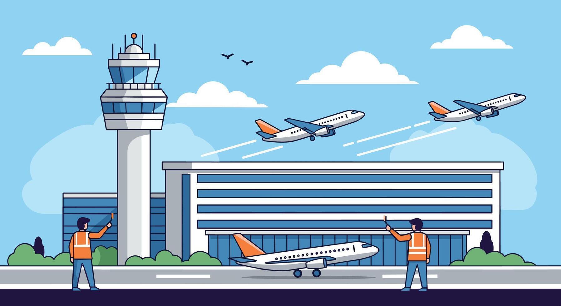 Bustling Airport Scene Air Traffic Control Tower Planes Taking Off and Landing vector