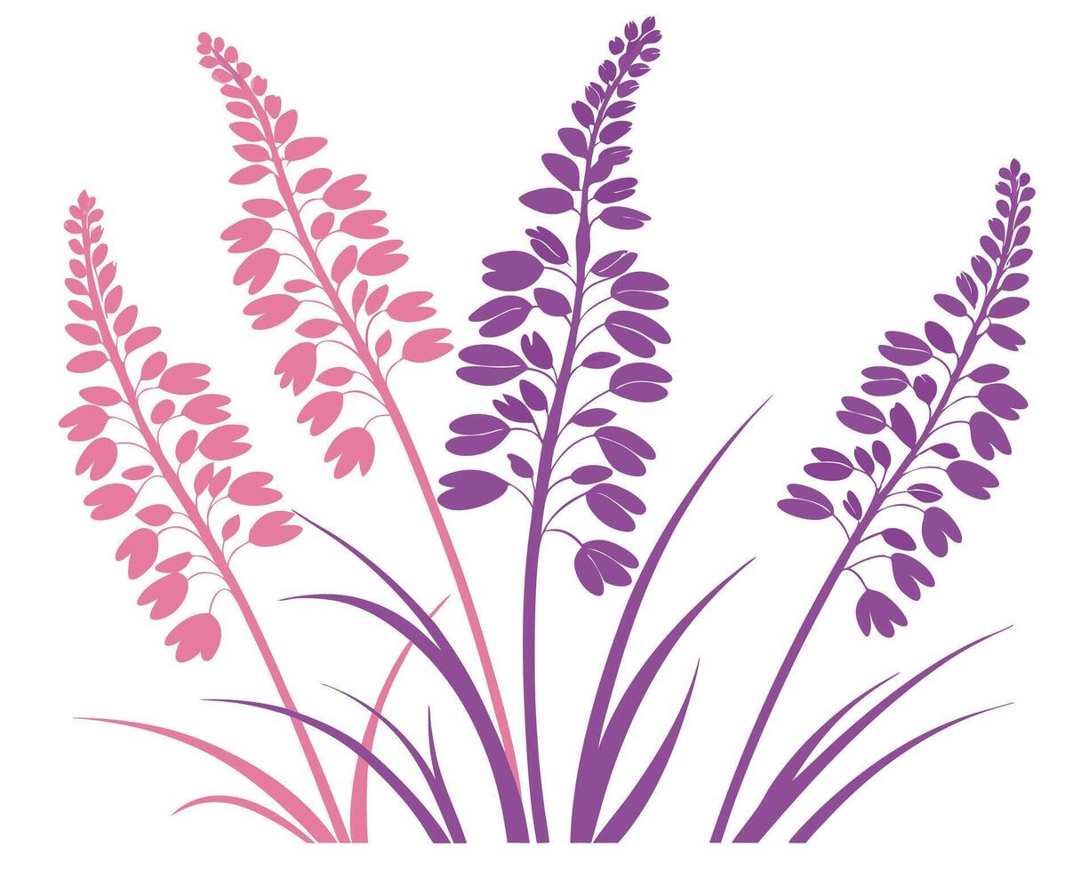 Elegant floral silhouettes in pink and purple with long stems and simple grass details vector