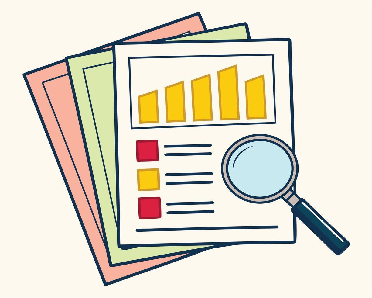 Analysis of business charts and reports using a magnifying glass in simplified illustration vector